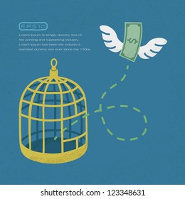 Money flying out of cage birds , Financial independence , eps10 vector format