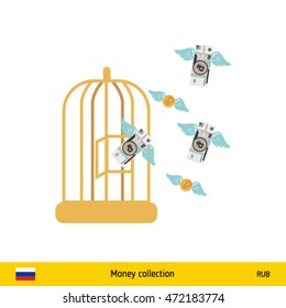 Money flying out of cage birds. Russian Ruble banknote. Business concept vector illustration.