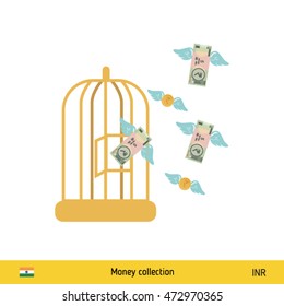 Money flying out of cage birds. Indian Rupee banknote. Business concept vector illustration.