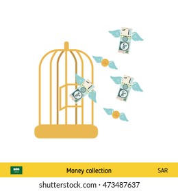 Money flying out of cage birds. Saudi Arabian riyal banknote. Business concept vector illustration.