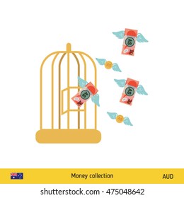 Money flying out of cage birds. Australian Dollar banknote. Business concept vector illustration.