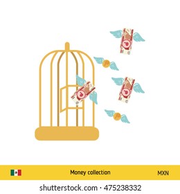 Money flying out of cage birds. Australian Dollar banknote. Business concept vector illustration.