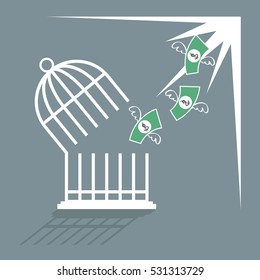 Money flying out of cage birds , Financial independence, White cage that money flying out into freedom.
