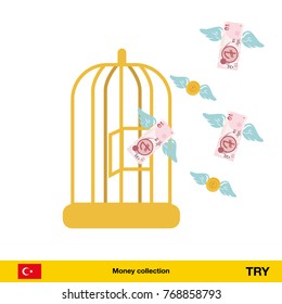 Money flying out of cage birds. turkey lira banknote. Business concept vector illustration.
