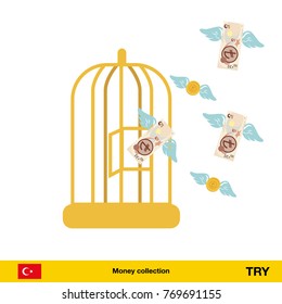 Money flying out of cage birds. turkey lira  banknote. Business concept vector illustration.
