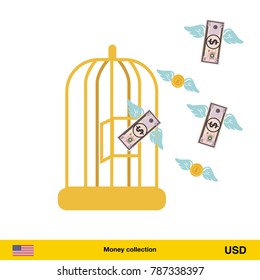 Money flying out of cage birds. Dollar banknote. Business concept vector illustration.