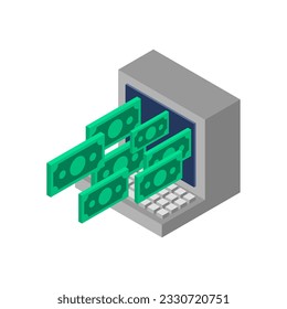 Money is flying out of computer. Concept of making money online