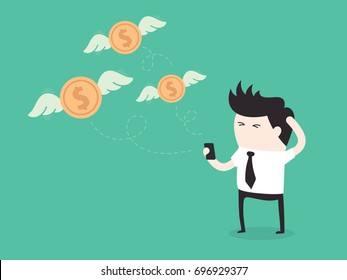 Geld, das aus dem Smartphone herausfliegt, Vektorillustration-Illustrationskonzept