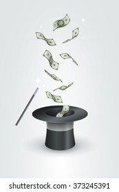 Money flying out the top hat. Magic trick concept vector illustration.