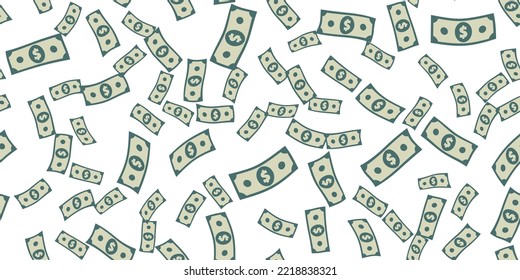 Money flying seamless pattern. Dollar banknotes randomly falling. USA currency signs abstract repeating texture. Wrapping background. Stylized vector eps8 illustration.