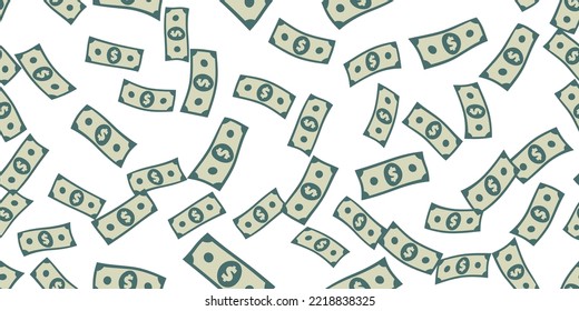 Money flying seamless pattern. Dollar banknotes randomly falling. USA currency signs abstract repeating texture. Wrapping background. Stylized vector eps8 illustration.