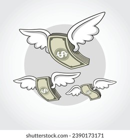 Money Flying with Wings to the Air Design. illustration of cartoon flying money with wings as a stock world illustration