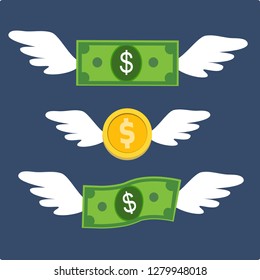 Money flying with wings collection set. Vector Illustration of gold coin with wings. Fly dollar.
