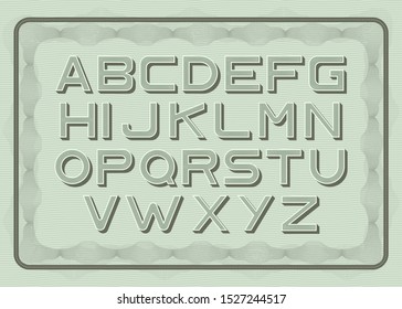 Money font, dollar latin alphabet, sans serif in vintage style. Abc uppercase letters on green bill note background, typeface for posters and banners typography signs, symbols. Vector illustration