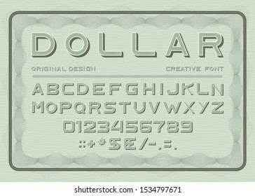 Money font, dollar latin alphabet, numbers and punctuation sans serif in vintage style. Abc uppercase letters on green bill note background typeface signs and typography characters Vector illustration