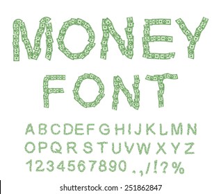 Money Font. Letter From Dollar. Alphabet Of Cash. ABC Of Dollars. 