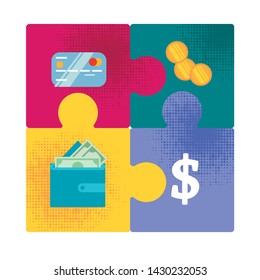 Money Forms Evolution from Golden Coins to Digital Capital Flat Vector Concept with Four Puzzle Pieces with Bank Credit Card, Golden Coins, Dollar Bills in Wallet Connected Together Illustration