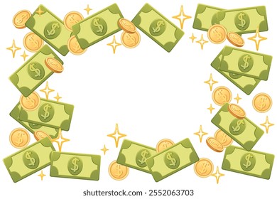 Money frame with dollar bills, coins, and sparkles. Greeting card or finance advertisement design. Empty space in middle. Vector illustration on white.