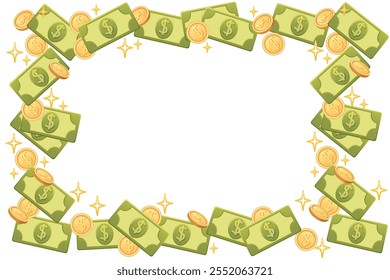 Money frame with dollar bills, coins, and sparkles. Greeting card or finance advertisement design. Empty space in middle. Vector illustration on white.