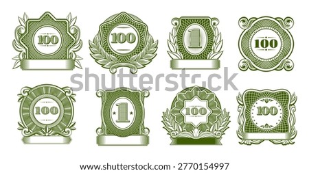 Money frames and watermarks for currency bill ornament elements, vector monetary guilloche patterns. Money frames for banknotes or vouchers with 1 and 100 numbers for currency or certificate guilloche
