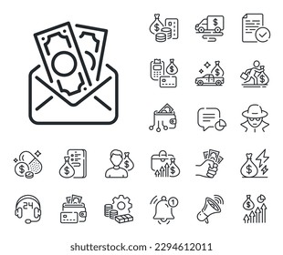 Geldfälschungszeichen Symbole für Bargeld, Darlehen und Hypotheken Bribe Line Symbol. Symbol für Barumschlag. Bribe-Zeilenzeichen. Kreditkarte, Kryptowallet Symbol. Inflation, Arbeitsgehalt. Vektorgrafik