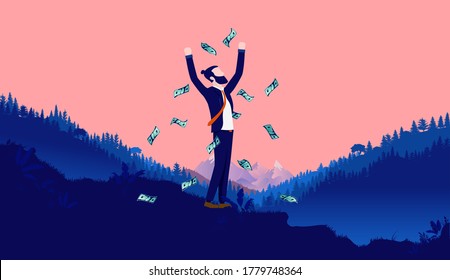 Money freedom - Man outdoors throwing money in air, being happy and feeling free. Economic independence, pay day and salary concept. Vector illustration.