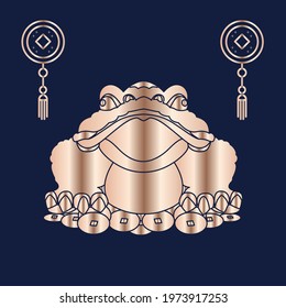 Money frog. Feng shui postcard. The three-legged toad is a symbol of Chinese culture. Gold silhouette on a blue background.