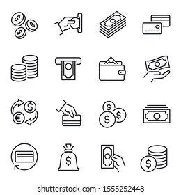 Money, Funds And Finances Linear Vector Icons Set. Currency, Cash Outline Symbols Bundle Isolated On White. Economic Operations Contour Drawings Collection. Financial Management Concept