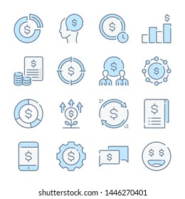 Money, Funds, Savings and Income related blue line colored icons.