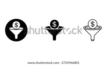 money funnel filter icon set with dollar symbol in solid and outline styles isolated on white background, finance conversion illustration
