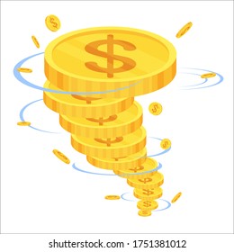 Money funnel. Whirlwind, tornado of gold coins. Making money concept. Financial management, financial flows. Flat vector illustration.