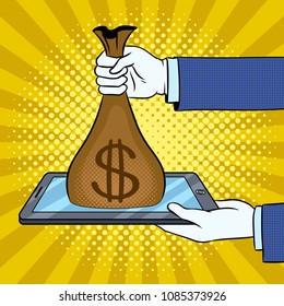 Money from gadget metaphor pop art retro vector illustration. Comic book style imitation.