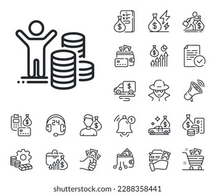 Money gain sign. Cash money, loan and mortgage outline icons. Budget profit line icon. Investment symbol. Budget profit line sign. Credit card, crypto wallet icon. Inflation, job salary. Vector