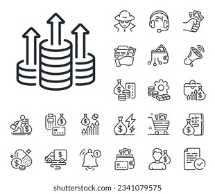 Money gain sign. Cash money, loan and mortgage outline icons. Budget line icon. Cash coin profit symbol. Budget line sign. Credit card, crypto wallet icon. Inflation, job salary. Vector