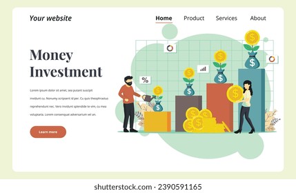 Money gains and analyzing investments. An investor seated atop a pile of coins. A worker devising investment strategies, assessing gains on a laptop. Lucrative investing, financial advisory, and savin