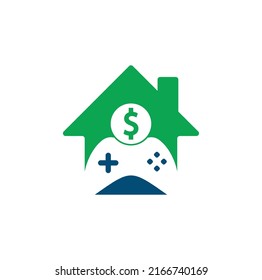 Money Game home shape concept Logo. joystick money game online Creative logo design	