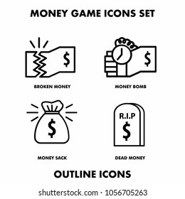money game icon set 3 outline style icons including broken money, money bomb, sack and money dead with tombstone icon