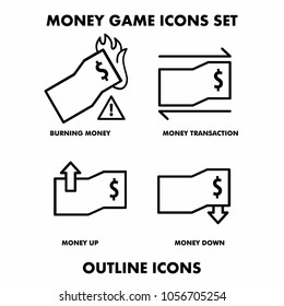 money game icon set outline style icons including burning money, transaction, money up and down