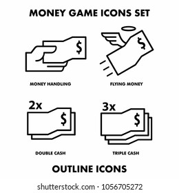 money game icon set outline style icons including money handling, flying money and doubled and tripled cash