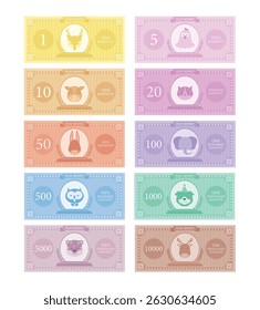 Money for game on a white background,Printable play money from 1 to 10000.banknotes design,Vector  illustrations.