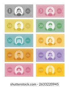 Dinheiro para o jogo em um fundo branco,Dinheiro de jogo imprimível de 1 a 10000.notes design,Ilustrações de vetor.