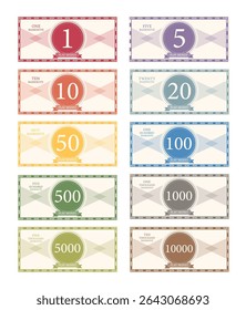 Dinheiro para o jogo em um fundo branco,Dinheiro de jogo imprimível de 1 a 10000.notes design,Ilustrações de vetor.