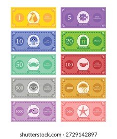 Money for game on a white background,Printable play money from 1 to 10000.banknotes design,Vector  illustrations.