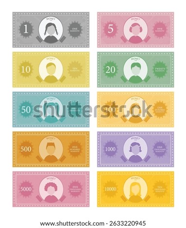 Money for game on a white background,Printable play money from 1 to 10000.banknotes design,Vector  illustrations.