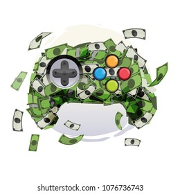 Money as a gaming joystick. make money from Esport . creative illustrtation for gamer or electronic sport comoetition- vector illustration