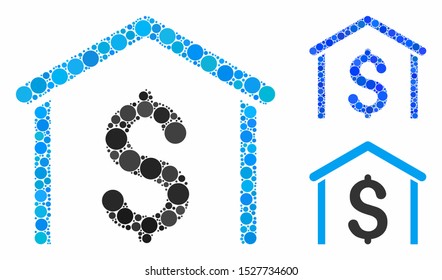 Money garage composition of filled circles in various sizes and color tints, based on money garage icon. Vector filled circles are united into blue composition.