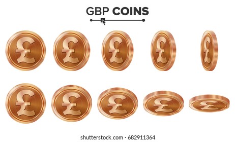 Money. GBP 3D Copper Coins Vector Set. Realistic Illustration. Flip Different Angles. Money Front Side. Investment Concept. Finance Coin Icons, Sign, Success Banking Cash Symbol
