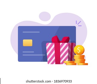 Money gift bonus reward as cashback to bank credit card vector, cash back program income prize vector, idea of giveaway promotion present box sale marketing