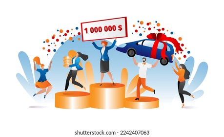 Money gift for flat people character, vector illustration. Man woman character win finance prize, cartoon reward and car. Get flat present from lottery
