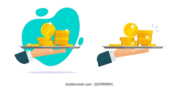 Money give offer hand icon vector or man person holding cash gold on plate serve flat cartoon illustration clipart, salary payout deal receive or take, borrow funds, loan or credit, win or prize image